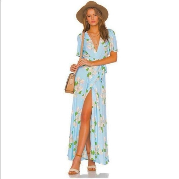 Privacy Please Plaza Kimono Wrap Maxi Dress in Gramont Blue Florall - Picture 3 of 13